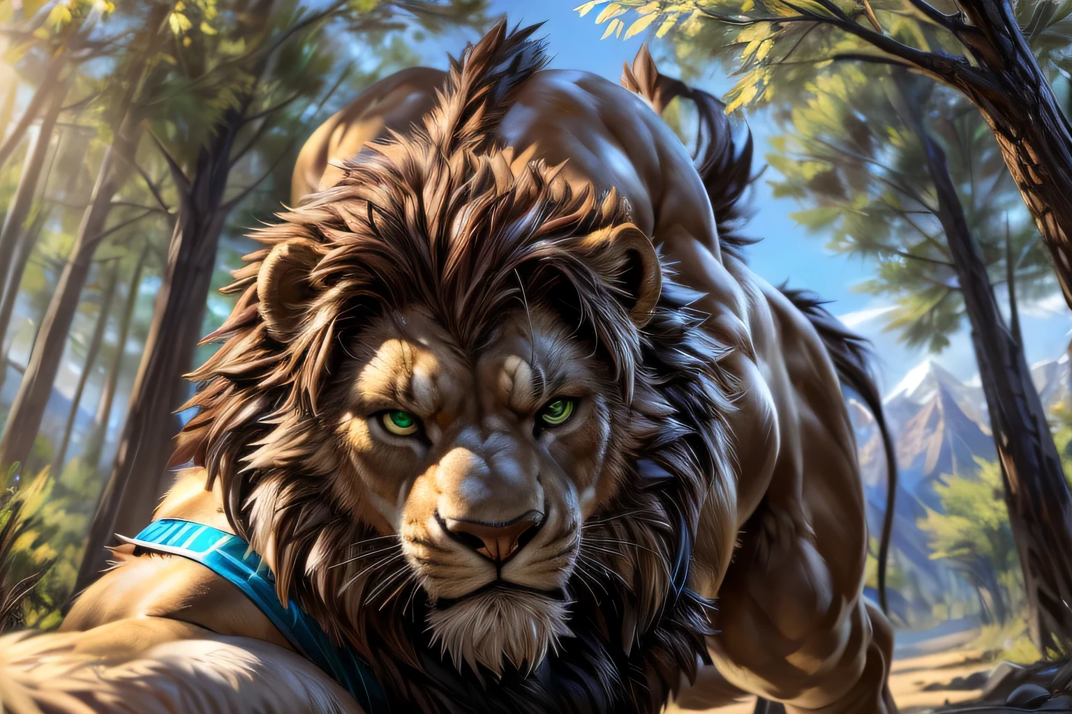 muscular feral:1.2 werelion, posing for the camera. 4k, high resolution, best quality, perfect colors, perfect shadows, perfect lighting, posted on e621, black beard, feral lion, werelion, solo, male, adult, green eyes, realistic eyes, looking at camera, masculine, (muscular, dense build:1.4, muscular shoulders, strong pecs), correct anatomy, dad body,(photorealistic fur, detailed fur, epic, masterpiece:1.2), (detailed forest, jogging, sunshine:1.2), sexy shadows, (by echin, by Taran Fiddler, by takemoto arashi, by Traver009, by Juiceps), (detailed eyes:1.2), impressive physique, struggling, bothered face, exhausted, detailed eyes, looking at camera, (close-up):1