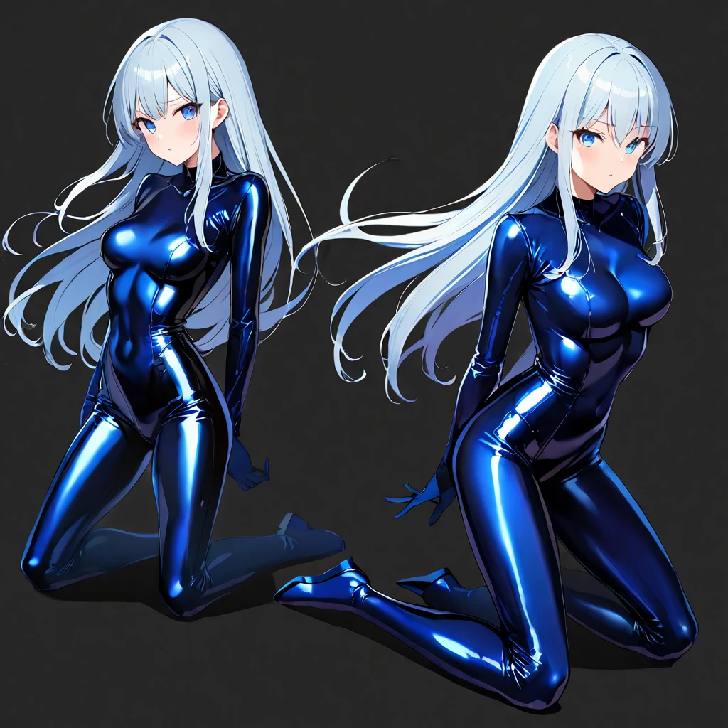 16k works,Highest quality,18-year-old,No background.White background only,whole body、Kneel,Dynamic and sexy pose, One person, Beautiful Face,, Symmetrical eyes, Perfect body, Good balance、 Perfect body、Patent leather tight suit,Use of firearms,Navy blue long hair,attention arousal,Blue colored eyes