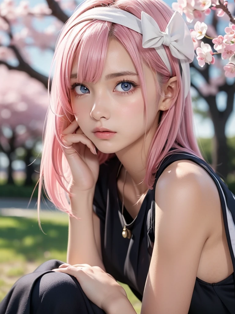 Elegant dress, A woman, (A beautiful woman, Proud female college student:1.3), 8K, best quality, masterpiece, Very detailed, Ultra-high resolution, Practical, RAW photos, Absolute resolution, Pink Hair, long hair, The face is small relative to the body, The face is so small, Pink Hair, Anime 2D Rendering, Practical若いアニメの女子高生, , ((White headband)), Proud eyes，Disdain，disgust，indifferent,High target, Eyes looking down, blue eyes, Proud，blush，sitting under a cherry tree