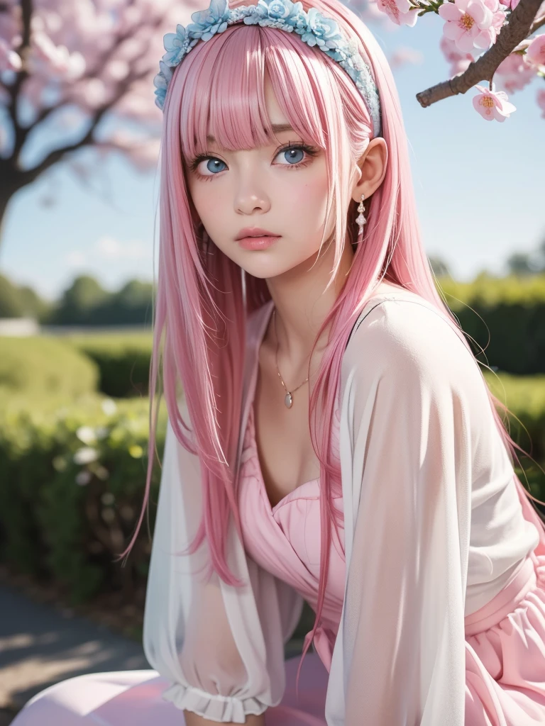 Elegant dress, A woman, (A beautiful woman, Proud female college student:1.3), 8K, best quality, masterpiece, Very detailed, Ultra-high resolution, Practical, RAW photos, Absolute resolution, Pink Hair, long hair, The face is small relative to the body, The face is so small, Pink Hair, Anime 2D Rendering, Practical若いアニメの女子高生, , ((White headband)), Proud eyes，Disdain，disgust，indifferent,High target, Eyes looking down, blue eyes, Proud，blush，sitting under a cherry tree