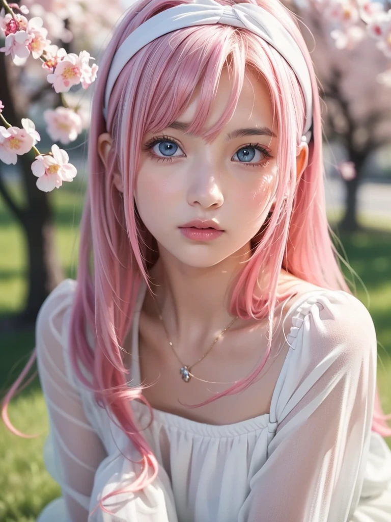 Elegant dress, A woman, (A beautiful woman, Proud female college student:1.3), 8K, best quality, masterpiece, Very detailed, Ultra-high resolution, Practical, RAW photos, Absolute resolution, Pink Hair, long hair, The face is small relative to the body, The face is so small, Pink Hair, Anime 2D Rendering, Practical若いアニメの女子高生, , ((White headband)), Proud eyes，Disdain，disgust，indifferent,High target, Eyes looking down, blue eyes, Proud，blush，sitting under a cherry tree