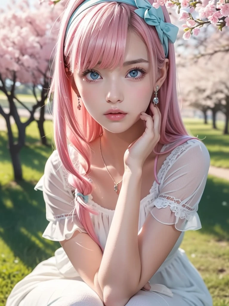 Elegant dress, A woman, (A beautiful woman, Proud female college student:1.3), 8K, best quality, masterpiece, Very detailed, Ultra-high resolution, Practical, RAW photos, Absolute resolution, Pink Hair, long hair, The face is small relative to the body, The face is so small, Pink Hair, Anime 2D Rendering, Practical若いアニメの女子高生, , ((White headband)), Proud eyes，Disdain，disgust，indifferent,High target, Eyes looking down, blue eyes, Proud，blush，sitting under a cherry tree