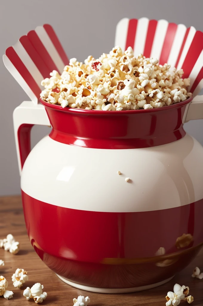 Red and white popcorn pot, film tape roll