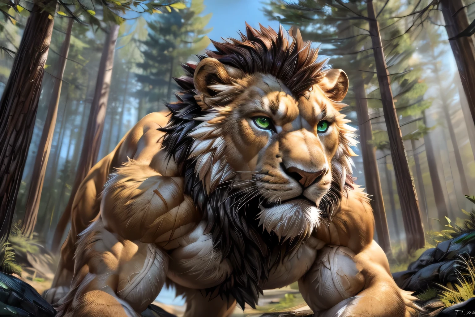 muscular feral:1.2 werelion, posing for the camera. 4k, high resolution, best quality, perfect colors, perfect shadows, perfect lighting, posted on e621, black beard, feral lion, werelion, solo, male, adult, green eyes, realistic eyes, looking at camera, masculine, (muscular, dense build:1.4, muscular shoulders, strong pecs), correct anatomy, dad body,(photorealistic fur, detailed fur, epic, masterpiece:1.2), (detailed forest, jogging, sunshine:1.2), sexy shadows, (by echin, by Taran Fiddler, by takemoto arashi, by Traver009, by Juiceps), (detailed eyes:1.2), impressive physique, struggling, bothered face, exhausted, detailed eyes, looking at camera, (close-up):1