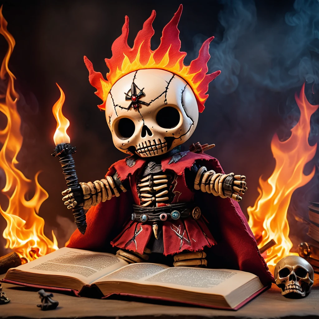 (knitted toy voodoo doll: 1.6), (Voodoo Flame Necromancer: 1.3), (clothes Cloak with fiery patterns, armor made of bones: 1.0), (Skull with burning eyes, necromantic book: 1.1) (in the background Battlefield, surrounded by flames and ghosts: 1.3), best quality, masterpiece, detailed soft oil painting, detailed background, dramatic cinematic lighting, soft edge lighting, professional, dramatic lighting, hard edge lighting, ultra quality, 4k,masterpiece, best quality, 8k, ultra highres, highres, extremely detailed