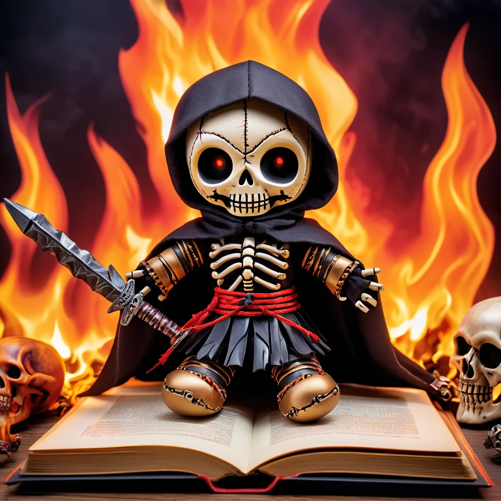(knitted toy voodoo doll:1.5), (Voodoo Dark Shepherd:1.3), (Clothing: dark robes with ominous hood:1.0), (Accessories: enchanted staff of shadows, glowing cursed book:1.1), (background: foggy moor with floating wraiths, eerie black sheep, and an aura of foreboding:1.2), best quality, masterpiece, detailed soft oil painting, detailed background, dramatic cinematic lighting, soft edge lighting, professional, dramatic lighting, hard edge lighting, ultra quality, 4k,masterpiece, best quality, 8k, ultra highres, highres, extremely detailed