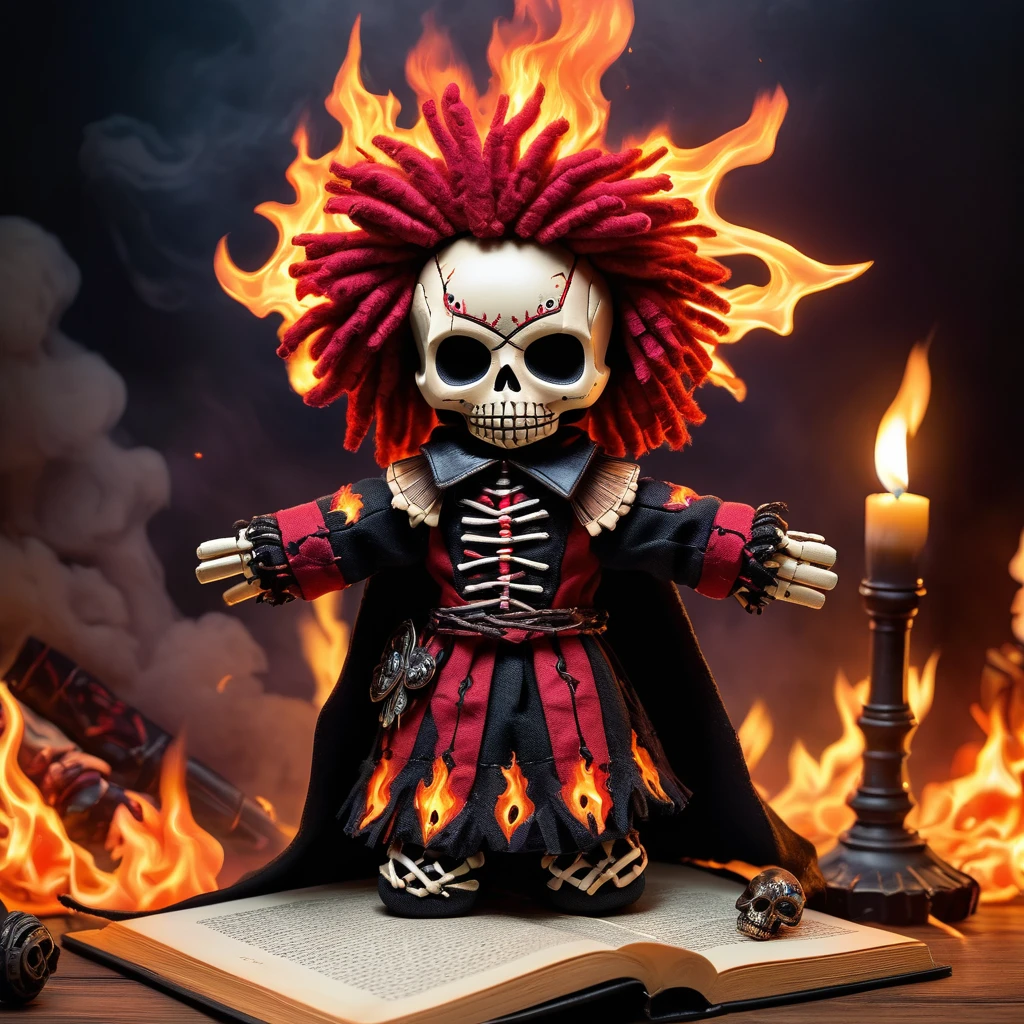 (knitted toy voodoo doll: 1.6), (Voodoo Flame Necromancer: 1.3), (clothes Cloak with fiery patterns, armor made of bones: 1.0), (Skull with burning eyes, necromantic book: 1.1) (in the background Battlefield, surrounded by flames and ghosts: 1.3), best quality, masterpiece, detailed soft oil painting, detailed background, dramatic cinematic lighting, soft edge lighting, professional, dramatic lighting, hard edge lighting, ultra quality, 4k,masterpiece, best quality, 8k, ultra highres, highres, extremely detailed