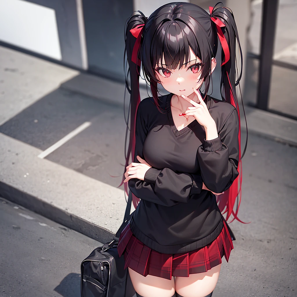 8k,masterpiece,best quality,Kabukicho、night,japanese girl,Twin tails、downer,buckle suspension short skirt,white blouse with lace,black tie_ribbon,Red eyeshadow,downer, squatting in the street,(Black Mask),zip side boots