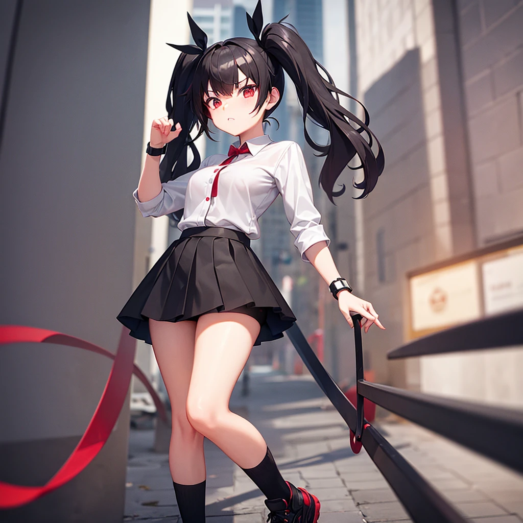 Girl in a skirt, black and red hair, Twin Tail, 3d ,