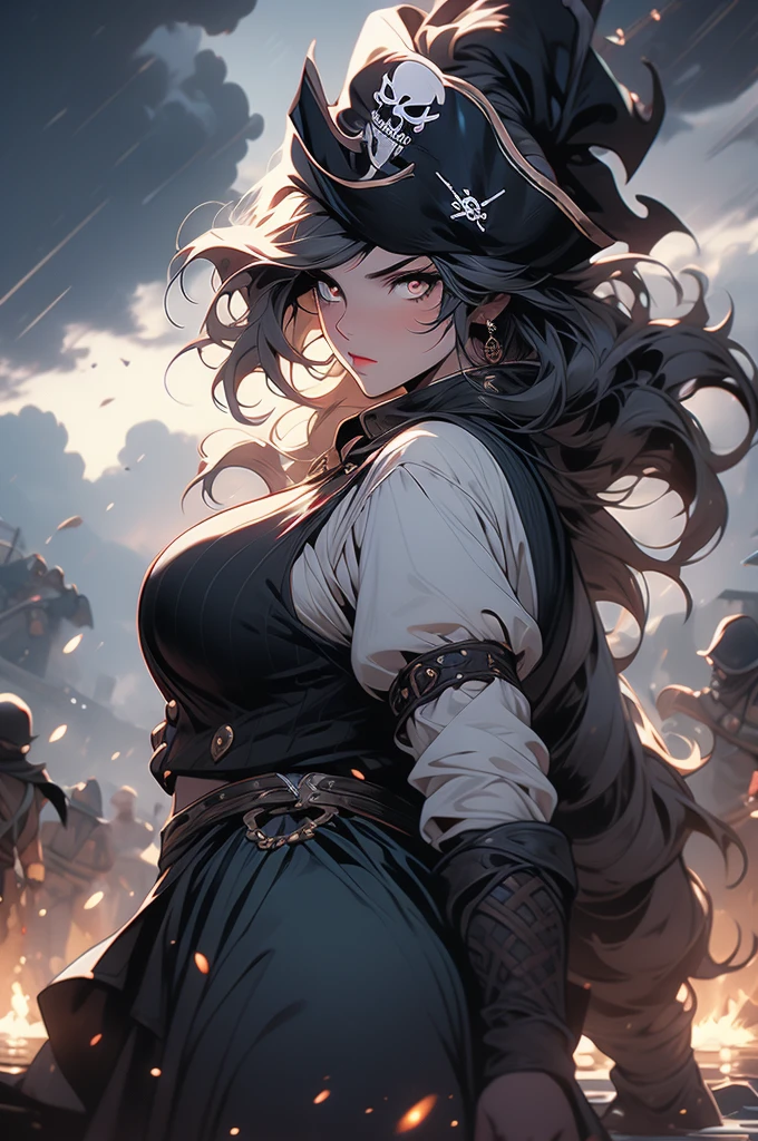 pirate girl, back hair, glowing eyes, storm, dark clouds, voluptuous, plump