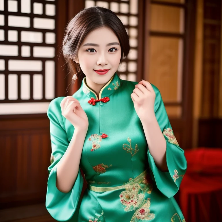 Asian woman Arav in red dress poses for photo, wearing a red Cheongsam, Cheongsam, Chinese dress, Chinese style, traditional chinese, Chinese woman, with ancient Chinese clothing, expensive silk, traditional chinese clothing, Chinese girl, Chinese dress, Gorgeous Chinese model, beautiful oriental woman, Chinese princess, สวมชุดCheongsamสีน้ำเงิน, Wearing a bright red dress 8k, 3-D, 45,000,000,000 pixels, Too realistic,