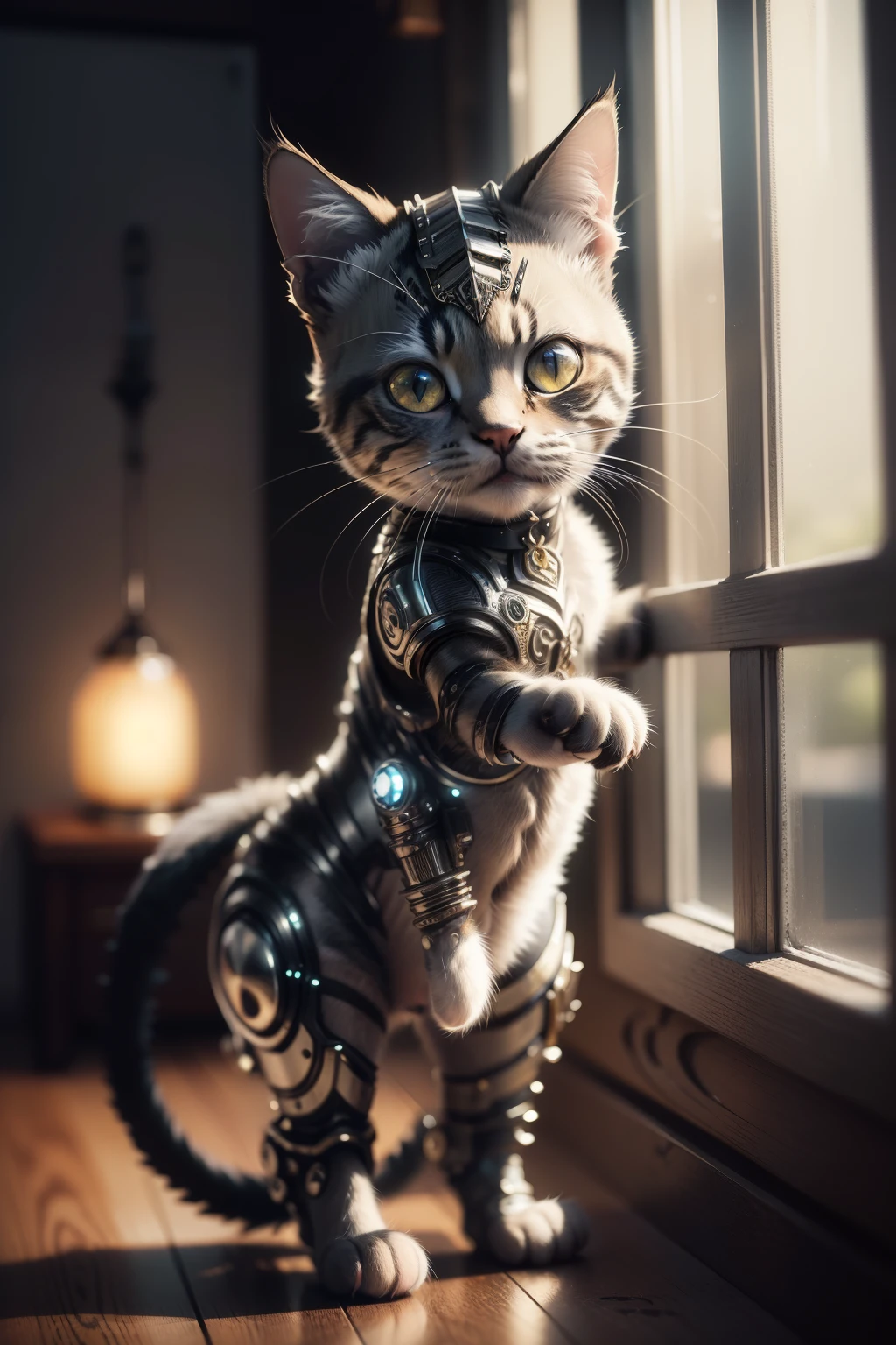 a cute kitten made out of metal, (cyborg:1.1), ([tail | detailed wire]:1.3), (intricate details), hdr, (intricate details, hyperdetailed:1.2), cinematic shot, Vignette, centered,in house