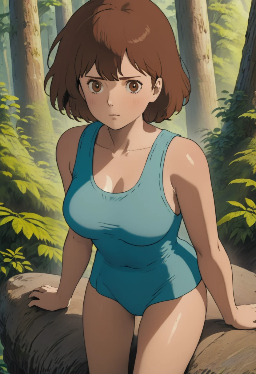 Browsing Caution,(masterpiece, Highest quality, High resolution, Anime screenshots, Anime Color, 8K, Realistic), Nausicaa, woman, mature woman, wife, alone, Brown Hair, (Looking at the audience), Huge breasts, Cleavage, (Badly ripped tank top:1.5), Upper Body, forest, (Perfectly detailed anatomy, Beautiful and elaborate face&eye:1.5, Shiny skin, Perfect body)、light brown nipples、Erect nipples、I want to see up to my knees、Thin fabric panties、Wide-open legs、cameltoe