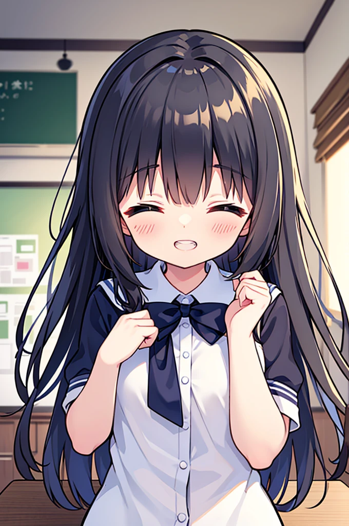 insanely detailed, absurdres, ultra-highres, ultra-detailed, best quality, 1 girl, solo, nice hands, perfect hands, BREAK, (wearing school uniform), happy smile, laugh, show teeth, closed eyes, dynamic pose, cowboy shot, looking at viewer, BREAK, slender, kawaii, perfect symmetrical face, ultra cute girl, ultra cute face, ultra detailed eyes, ultra detailed hair, ultra cute, ultra beautiful, by Canon EOS, SIGMA Art Lens 35mm F1.4, ISO 200 Shutter Speed 2000, in classroom, medium breasts, BREAK, (golden medium hair, dark blue green eyes)