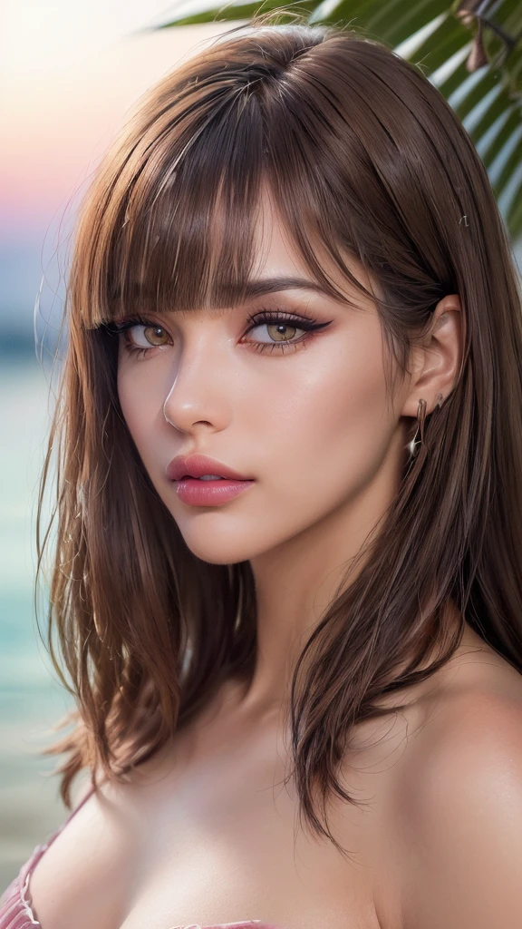 Draw a picture, (photorealistic:1.4), (hyperrealistic:1.4), (realistic:1.3), (smoother ((tropical sunset)) lighting:1.05), (increase Fujicolor quality:0.9), (absurd: 1.3), (best quality), (ultra sharp), RAW photo of (phenomenal model, 24 years old), (ultra detailed, ultra realistic, hyper realistic, 8K, ultra highres:1.2), realistic lighting, backlighting, light on face, ray trace, (brightening light:1.2), (Increase quality:1.4), (best quality real texture skin:1.4), finely detailed eyes, finely detailed face, finely quality eyes, (Brown) [sparkling eyes], [long eyelashes], Double eyelids, (looking at viewer), slim, well-muscled body, medium ass, very detailed hair, (( (light) brown short ((side bangs)), extremely detailed)), (Increase skin texture beauty:1.1), (light makeup, [pink lipstick], eyeliner:1.2)