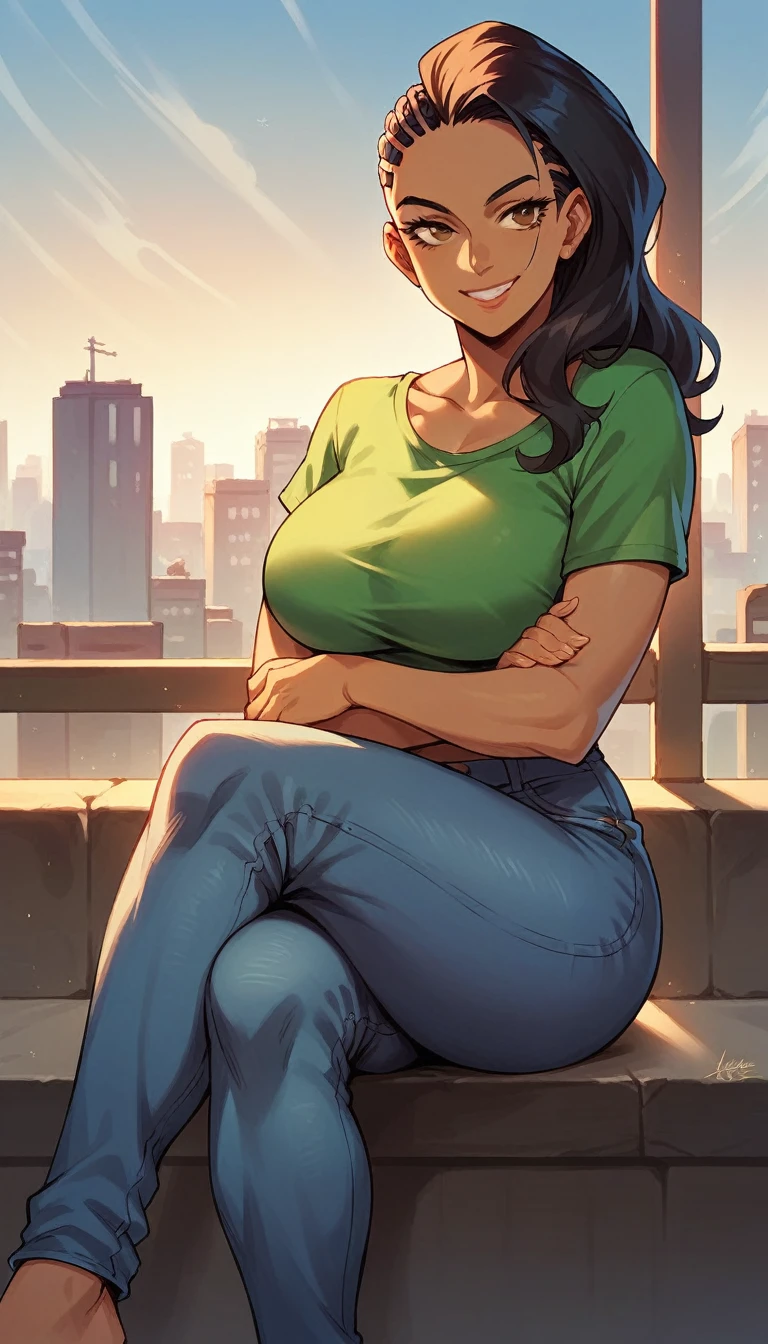 laura matsuda, mature, brown skin, brazil colors cropped, jeans, sit, crossed legs, smile, morning, city, strong
