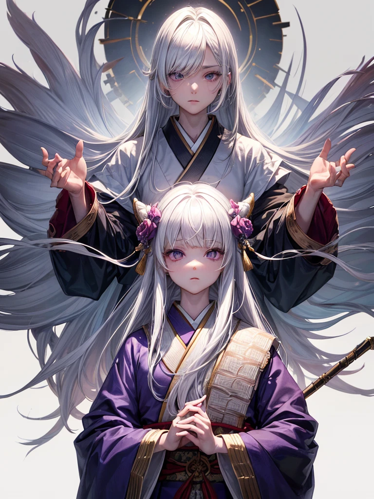 ((masterpiece)), (((best quality))), (character design sheet, same character, 3 views, front, side, back), Illustration, 1 boy, teenager, long hair, white hair color, bangs, hairstyle fax, albino, purple eyes, beautiful blind eyes, cute face, environment change, flute, hairstyle fax, pose kotai, feminine boy, kimono, demon slayer uniform, snow, (simple background, white background: 1.3) 