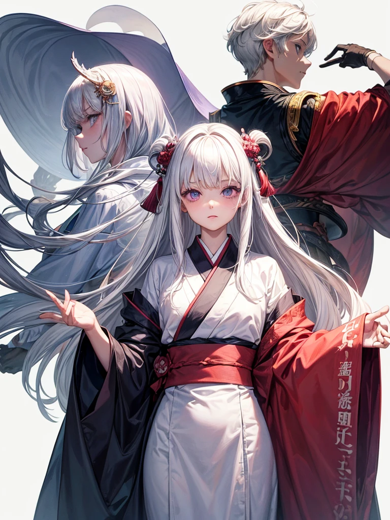 ((masterpiece)), (((best quality))), (character design sheet, same character, 3 views, front, side, back), Illustration, 1 boy, teenager, long hair, white hair color, bangs, hairstyle fax, albino, purple eyes, beautiful blind eyes, cute face, environment change, flute, hairstyle fax, pose kotai, feminine boy, kimono, demon slayer uniform, snow, (simple background, white background: 1.3)