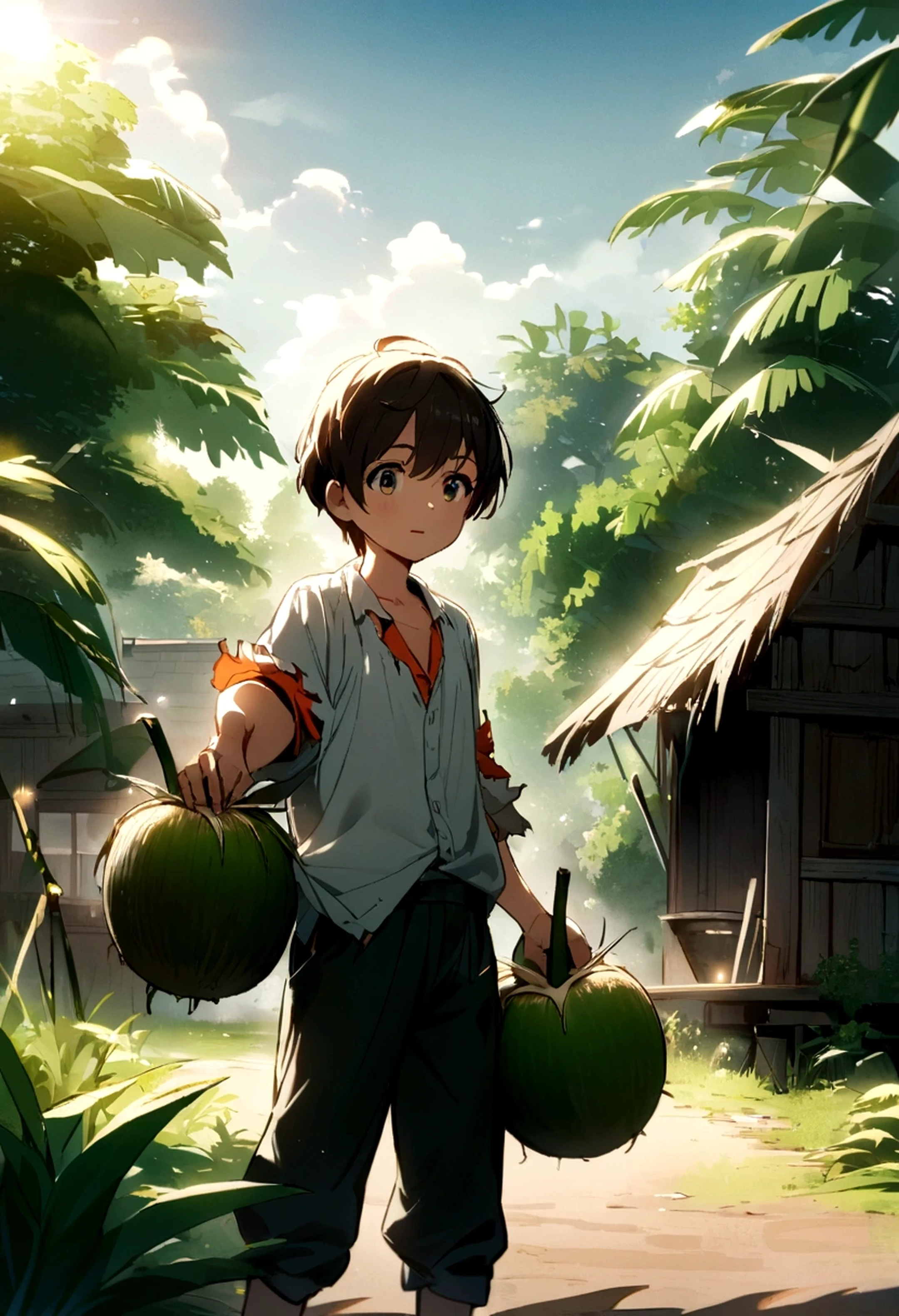 Have a beautiful village with green trees, let us make a video of a boy with torn clothes planting coconut trees in the field in front of the house.
