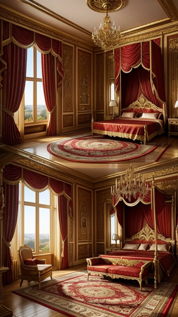 A captivating depiction of the interior of a luxurious and majestic castle room, full of intricate details in gold and warm colors like red, The room has a bright reddish aura with lights coming in from the window.. 