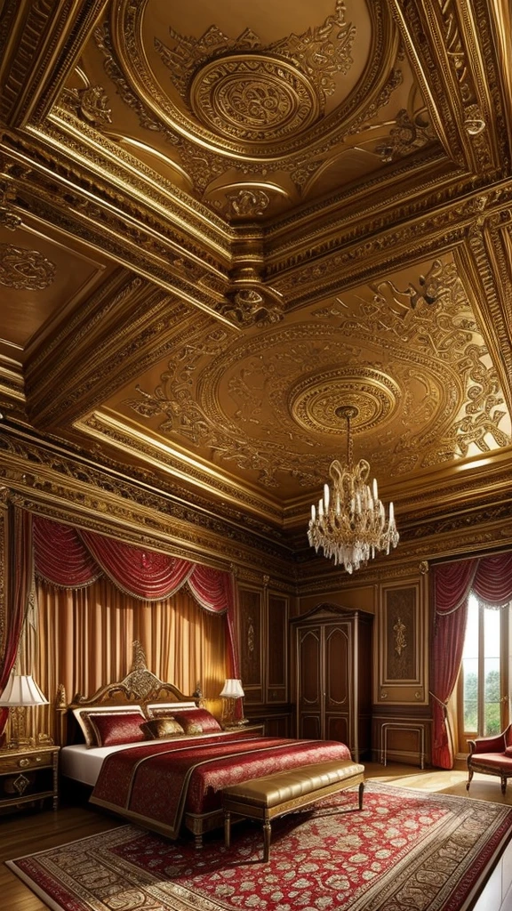 A captivating depiction of the interior of a luxurious and majestic castle room, full of intricate details in gold and warm colors like red, The room has a bright reddish aura with lights coming in from the window.. 