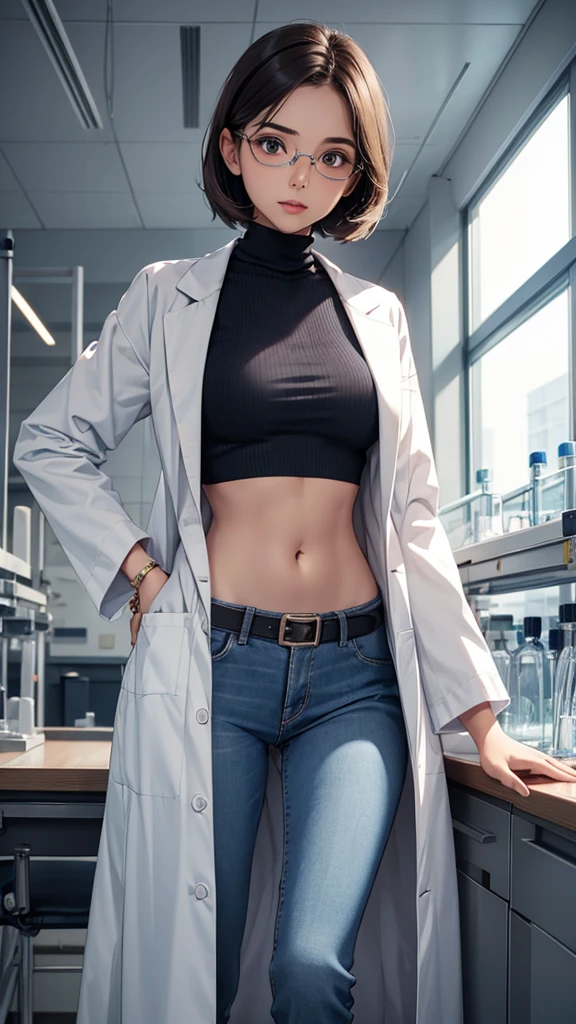 Girl in Laboratory, Turtle-neck, lab coat, showing navel, belt, Exposing the abdomen below the navel, well-dressed, glasses, blue jean, laboratory