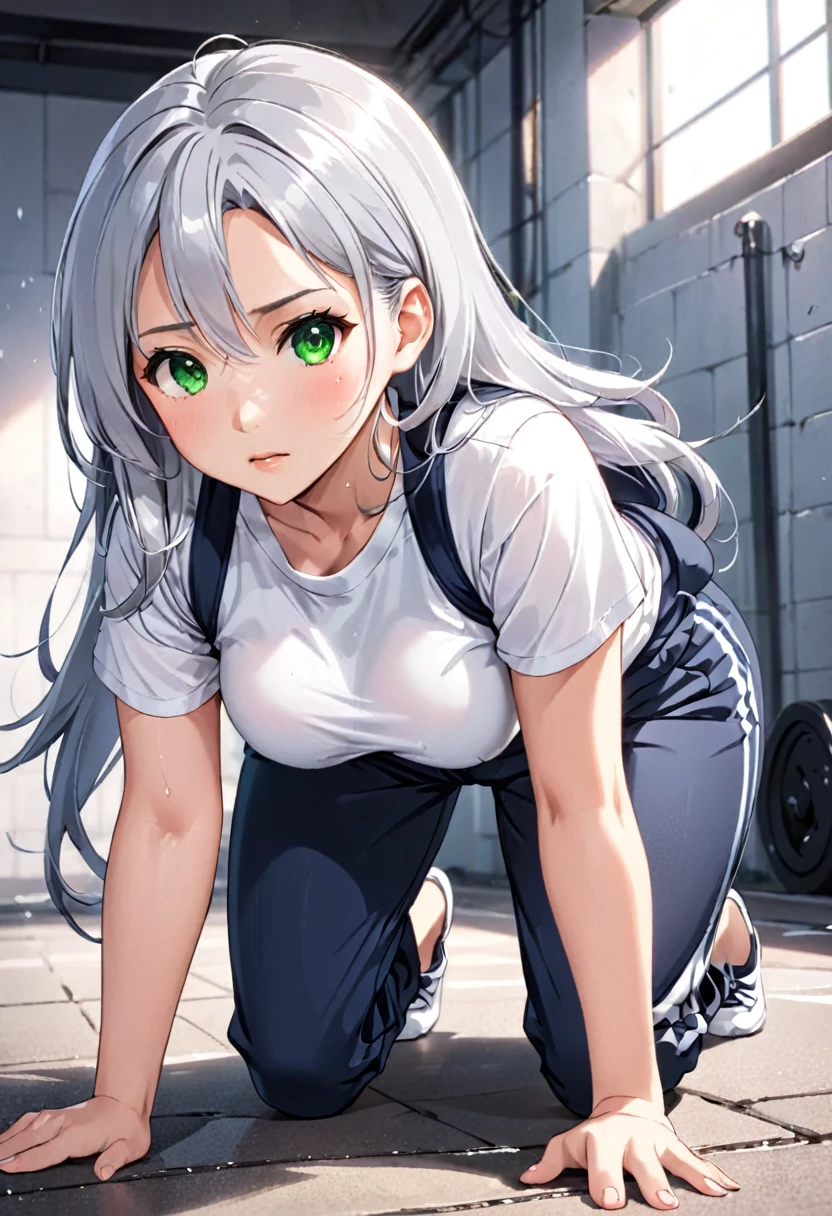 Pretty asian woman, bright silver hair, long hair, green eyes, busty, sweat pants and a white t shirt, cute, anime style, crawling away from the camera, facing away