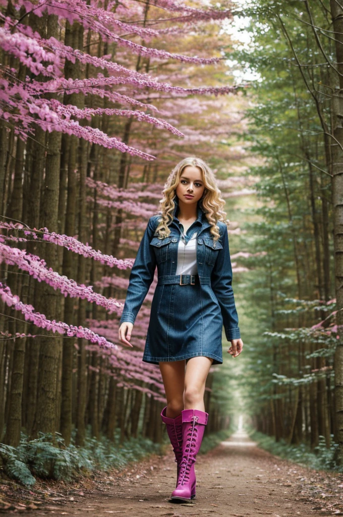 2D image, blonde girl, robusta, green eyes, very long and curly hair, navy blue denim jacket, fuchsia A-line dress, fuchsia boots, walking through a forest of pink trees
