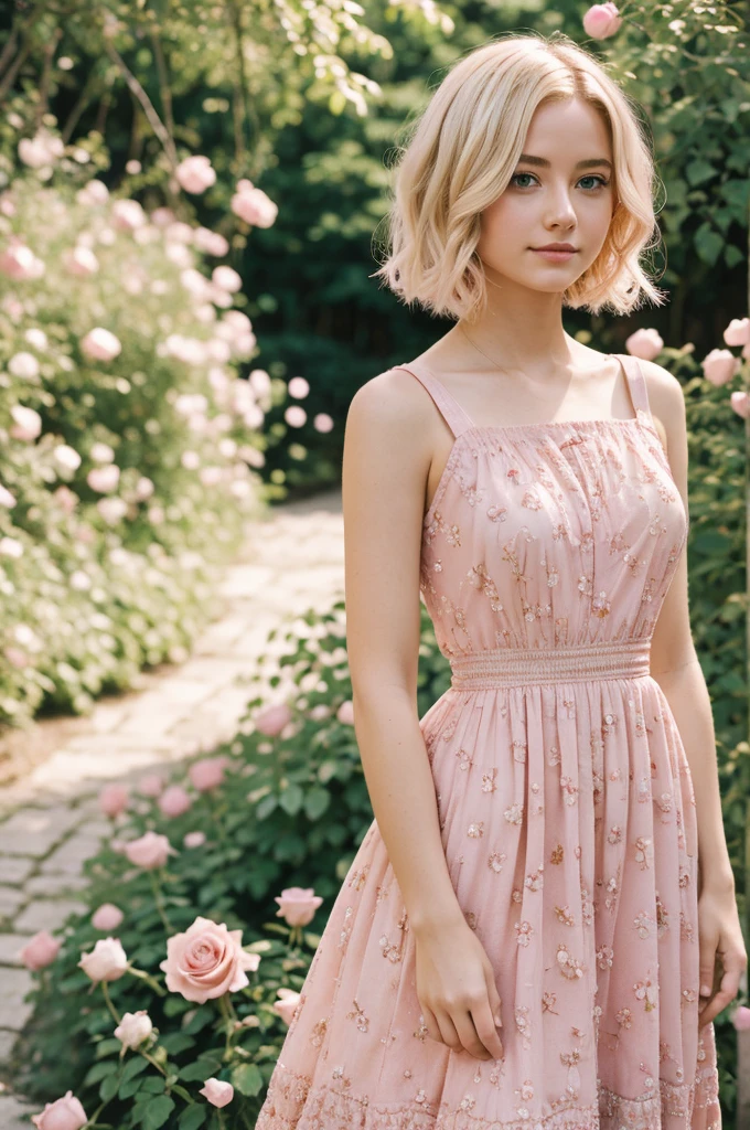 8k, RAW photo, Fujifilm, style photo of a beautiful young woman as avril in a garden of light pink roses (highly detailed skin: 1.2) Style-Petal BREAK short hair, blonde hair with colored locks, wearing a dress, film granulation, 35mm, cute style