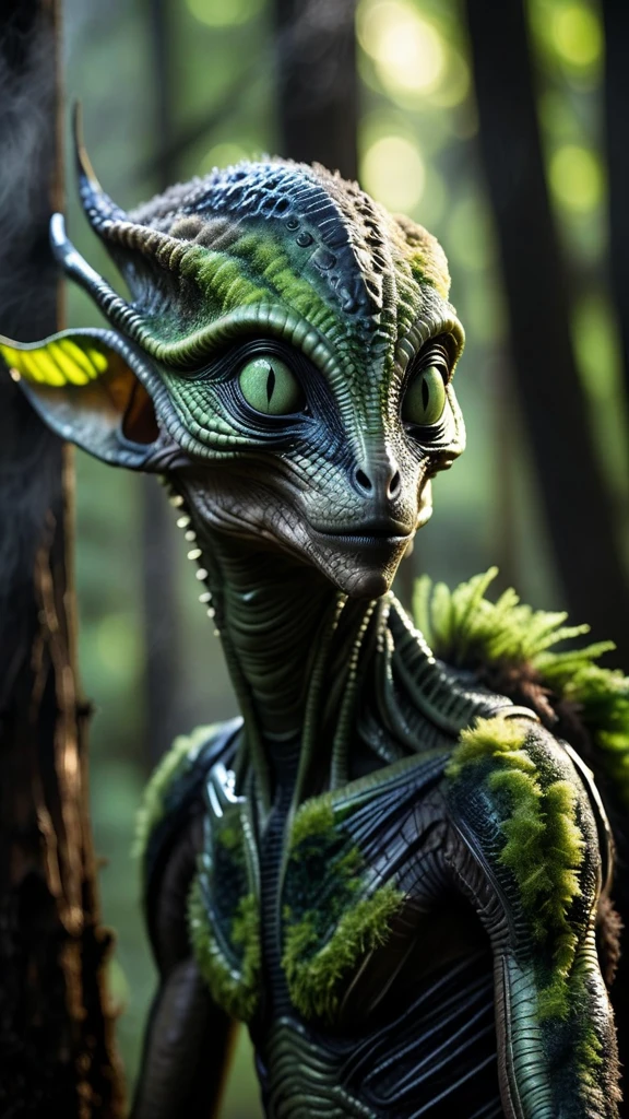 detailed photo, of a short alien, thin lips, medium round green-grey eyes, wearing full body, fuzzy, tri-colored camouflage, in a steamy, woodland, caustic rim lighting, hard shadows, low contrast