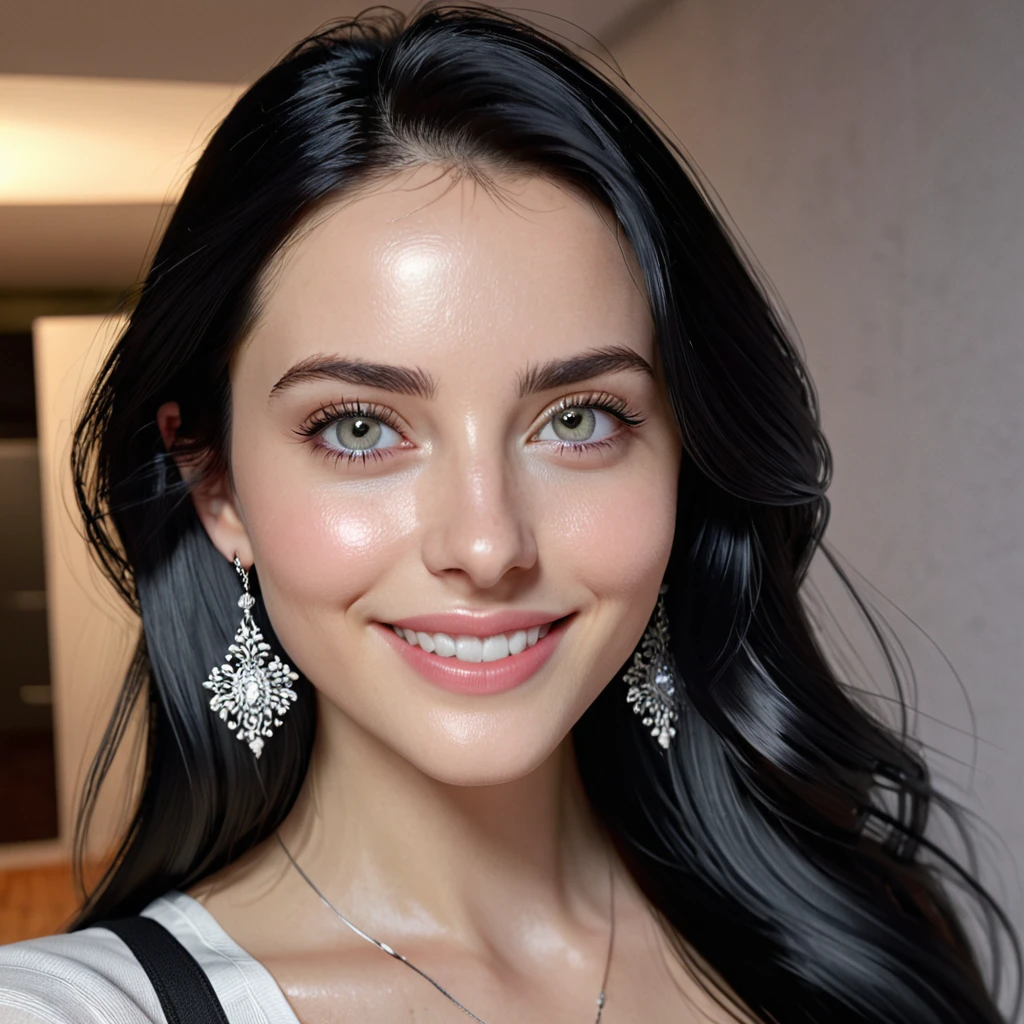 (masterpiece), best quality, Phone photo selfie, attractive young woman with black hair and light color eyes, small silver earrings, flirty look, posted on snapchat, smiling, boring PHY 2743 at night at home. Her expression is happy and smiling and she looks out of the frame with a gentle intensity. She has long, straight light black hair, light pale skin. The overall atmosphere is intimate, emphasizing the intricate interplay of light and dark on her face. HDR(HighDynamicRange),Ray tracing,NVIDIA RTX,Hyper-Resolution,Unreal 5,sub-surface Scattering,PBR Texturing,Postprocess,Anisotropy Filtering,depth of fields,Maximum clarity and sharpness,multi-layer texture,Albedo and specular maps,Surface Shading