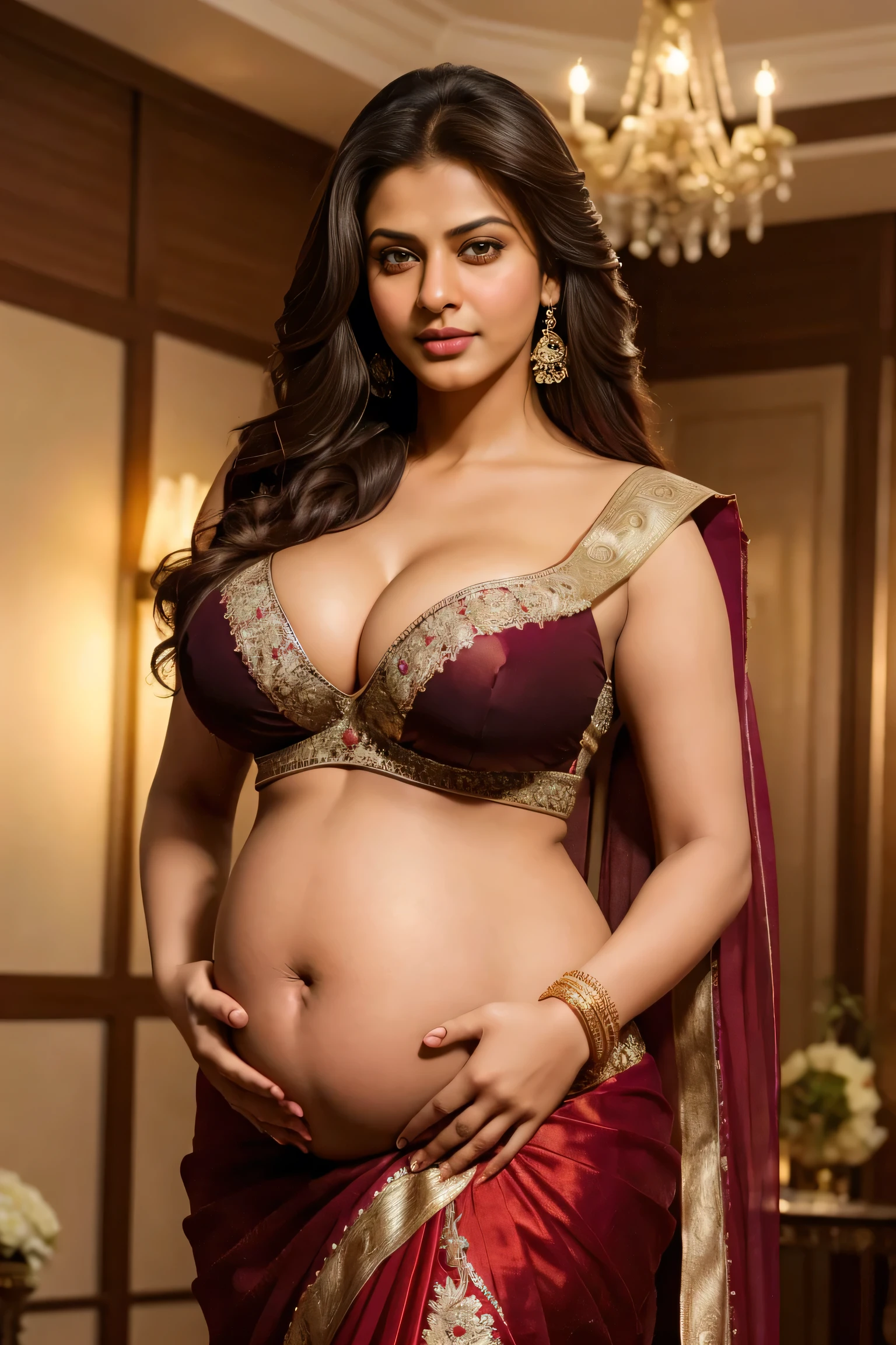 face mix of Salman khan and Shahrukh Khan, as a 25 years old Russian woman and 9 months pregnant woman, wearing saree, wearing bridal saree, cleavage , big breast, plus size model, beautiful face, long brown hair, confident princess look from Kamasutra,  sexy curve, sexy look, sexy dress,full body picture 