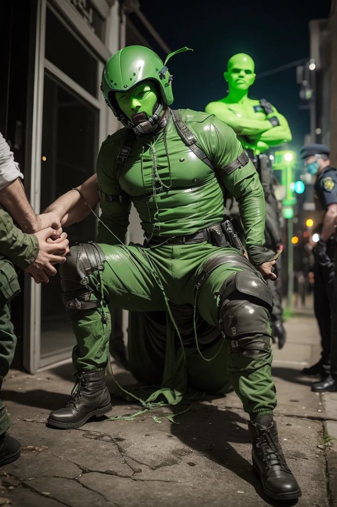 green aliens, tied up, bleeding, and police officers holding him in a saddle