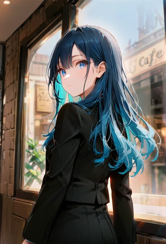 Half body portrait of a young woman , blue long hair, blue eyes, wears black suit . Stand and look back. Look back. Half-body image. Look back. cafe window background ,detailed