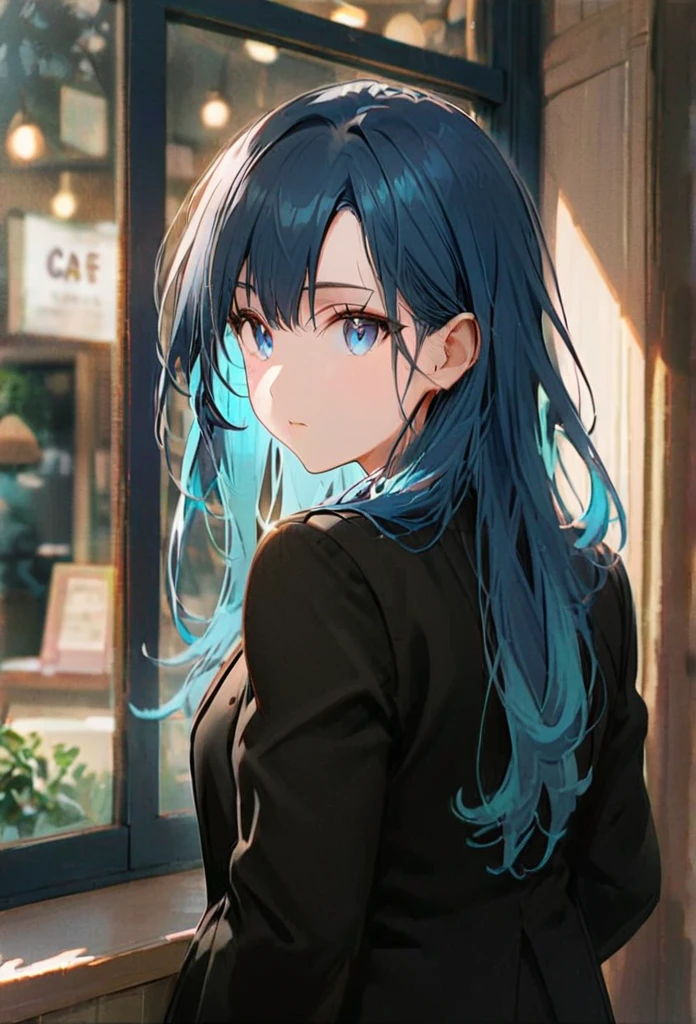 Half body portrait of a young woman  , blue long hair, blue eyes, wears black suit . Stand and look back. Look back. Half-body image. Look back. cafe window background ,detailed