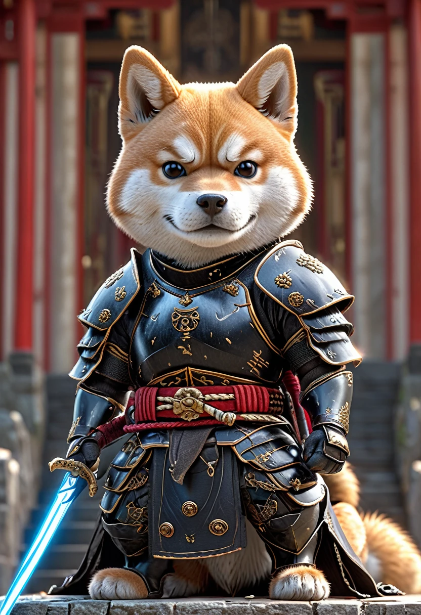Close-up shot of a Shiba Inu, Shiba Inu Samurai,whole body, Equipped with a Japanese sword wrapped in black lightning, Wearing Japan armor, Background of the Japan Temple, High resolution, masterpiece, Highest quality, Super detailed, Super detailed, Ultra-realistic,
Hong Kong Style, 3D Fluffy, Cute and adorable close-ups, Cute big round reflective eyes, Long fuzzy fur, Pixar Rendering, unreal engine Cinematic smooth, Exquisite detail, Cinematic