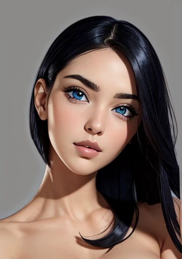 A perfect asymmetrical and detailed face, blue eyes ,black hair, beautiful full body portrait 1.2 esbelta Grandes guide , nudes upper, full-body-shot 