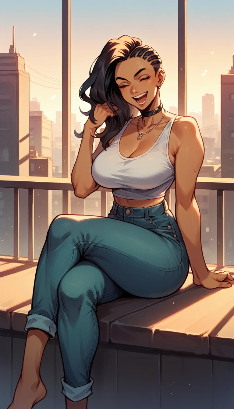 laura matsuda, mature, brown skin, green cropped, chocker, jeans, sit, crossed legs, laugh, morning, city, strong
