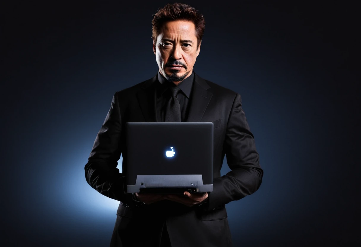 make iron man in a black suit holding a computer on a background as if he were in dark and serious space. An image that demonstrates seriousness and power when working as a freelancer, looking at the camera, from the front, high quality imagemake iron man in a black suit holding a computer on a background as if he were in dark and serious space. An image that demonstrates seriousness and power when working as a freelancer, looking at the camera, from the front, high quality image