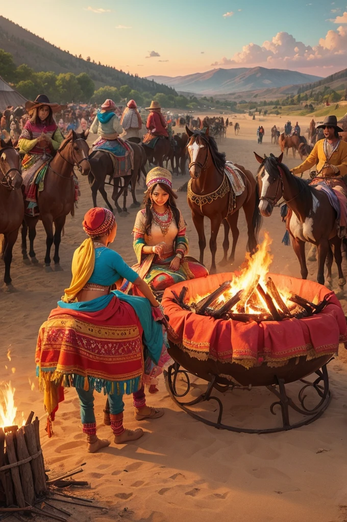 Illustration that represents the gypsy people, people in colorful clothes, cheerfulness, surrounded by few horses, a bonfire