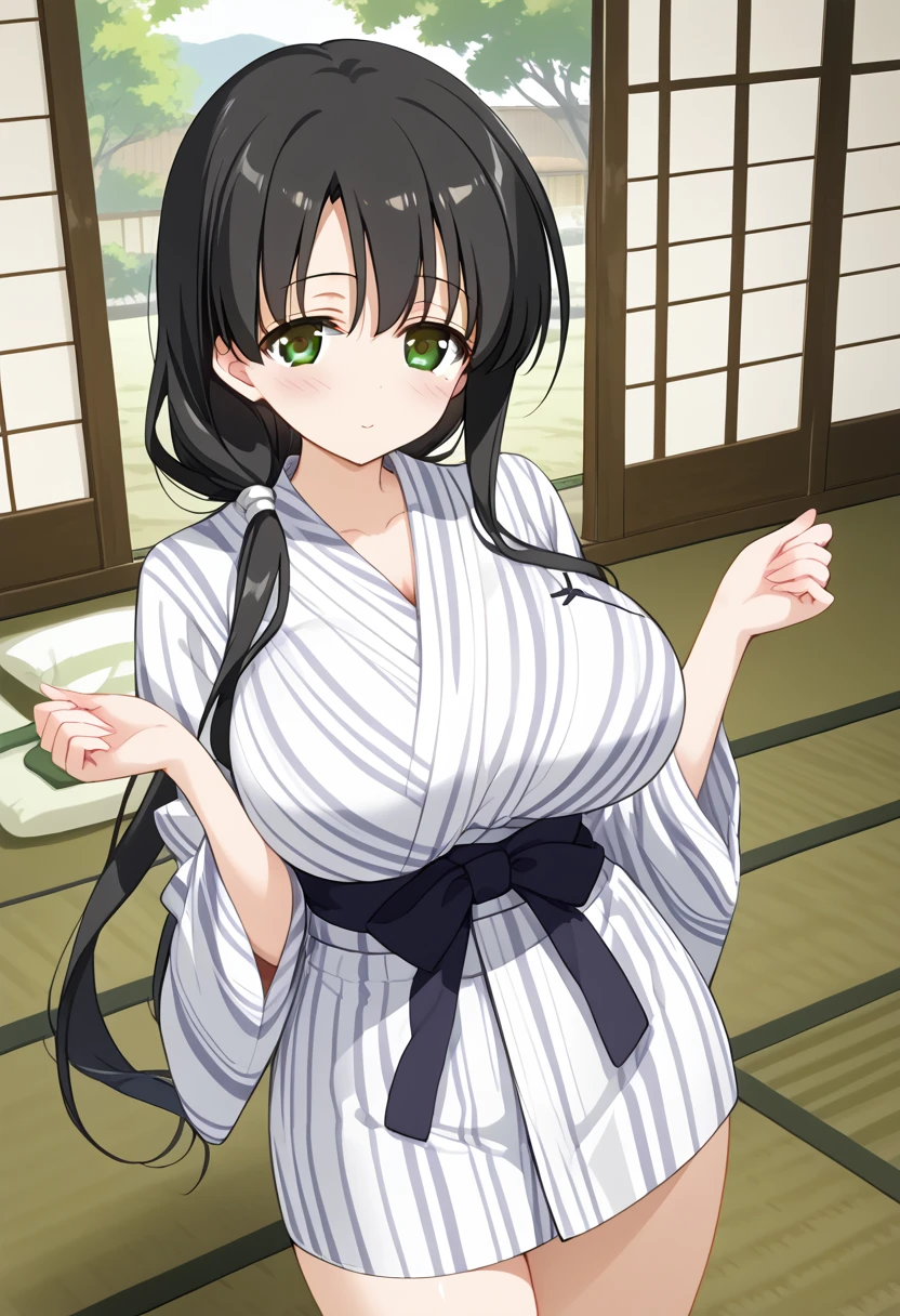 source_anime, rating_explicit, BREAK, iwato kasumi, 1girl, huge breasts, Japanese style room,tatami,shoji,futon,yukata, black hair, low-tied long hair, low ponytail, low-tied sidelocks, tied hair, brown eyes, tareme, blush, looking at viewer, cowboy shot, BREAK, anime screencap, megami magazine, very aesthetic, absurdres, amazing quality