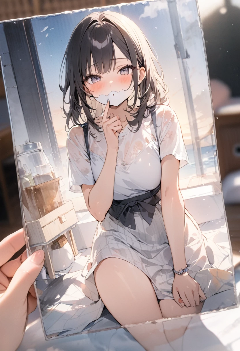 drink juice、closeup-face、Holding a plastic bottle in both hands、The chest area of the clothes is wet with liquid、Juice dripping from the mouth、from directly below、Stinking eyes、sideways glance、School、In the classroom、Girl、Girl、Short、Younger、、Baby Face、flat ch、Dynamic Angle、masterpiece、best quality、ultra-detail、Sweating heavily、Summer sunshine、Looks hot、Clothing、Untidy appearance、Her chest is exposed、Heat