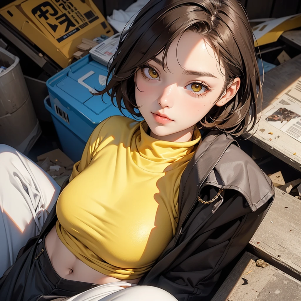 humanoid waifu girl, short brown hair, half of her face damaged, yellow eyes, no legs, just her torso, broken into a pile of trash