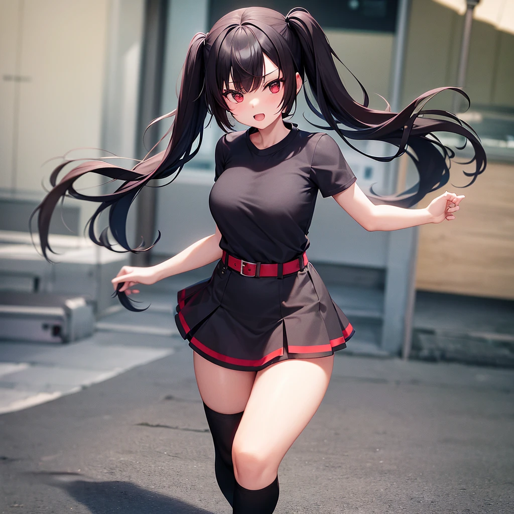 Girl in a skirt, black and red hair, Twin Tail, 3d ,