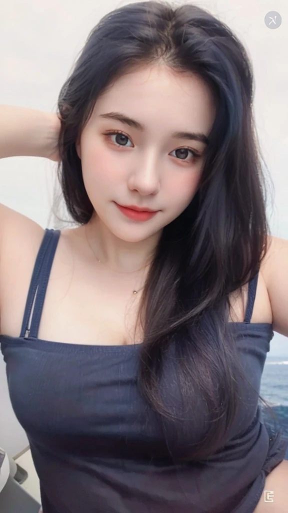 1 Girl, Beautiful, , 20 Years Old, White Skin, Large Breasts, Sleeveless, Cleavage, White Modern Oversize T-shirt, Posing For Photos, Beautiful Blue Sea, Blue Sky, Grey Hair, Silver Straight Hair, ((adorable:1.1)), ((masterpiece:1.1)), Sleepy Cute Face