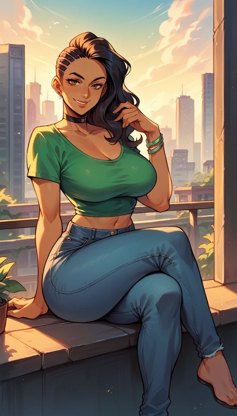 laura matsuda, mature, brown skin, green cropped, chocker, jeans, sit, crossed legs, naughty smile, morning, city, strong