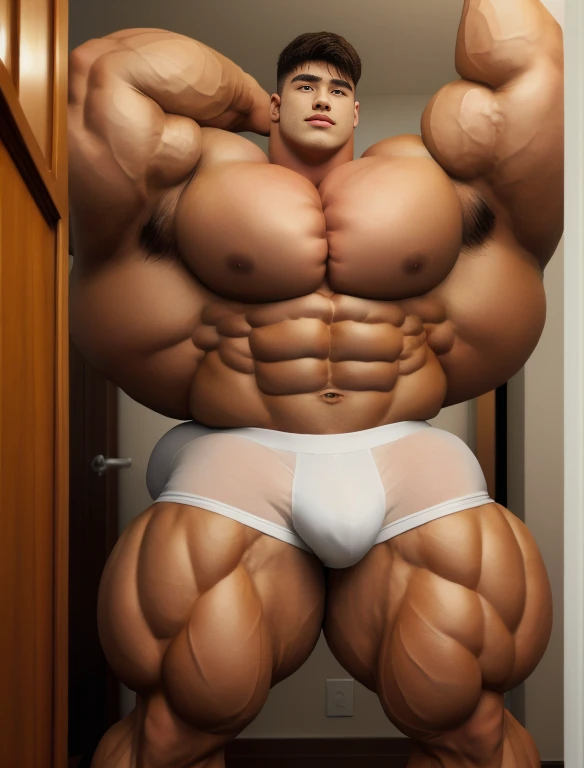 1men, giant, bodybuilder pose, illuminating light, strong body, bulk, large size, armpit, in the white plain room, nude, white triangular underwear, prominent bulge, big, brutalmass, giant, muscular body, bulk, buff, massive body, large meaty body size