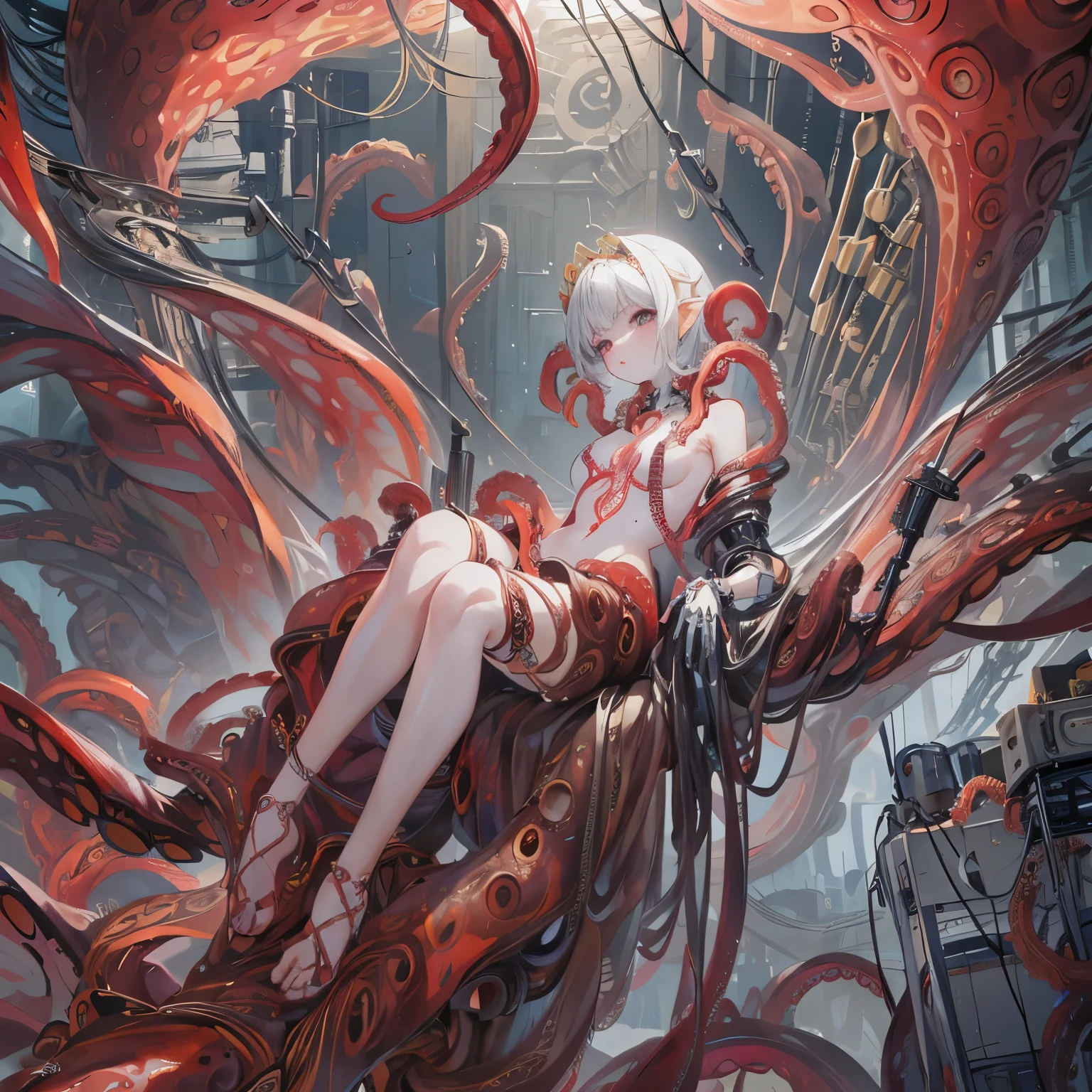 (((masterpiece))), ((best quality)), (Super Detail), (CG Illustrations), (so beautiful),altar,Offspring of the Evil God,beautiful girl,Tentacle armor, (A body wrapped in mechanical tentacles:1.6),Tentacle Room,Sexual suggestion,Barefoot,barefoot:1.2,血肉altar,cursed,