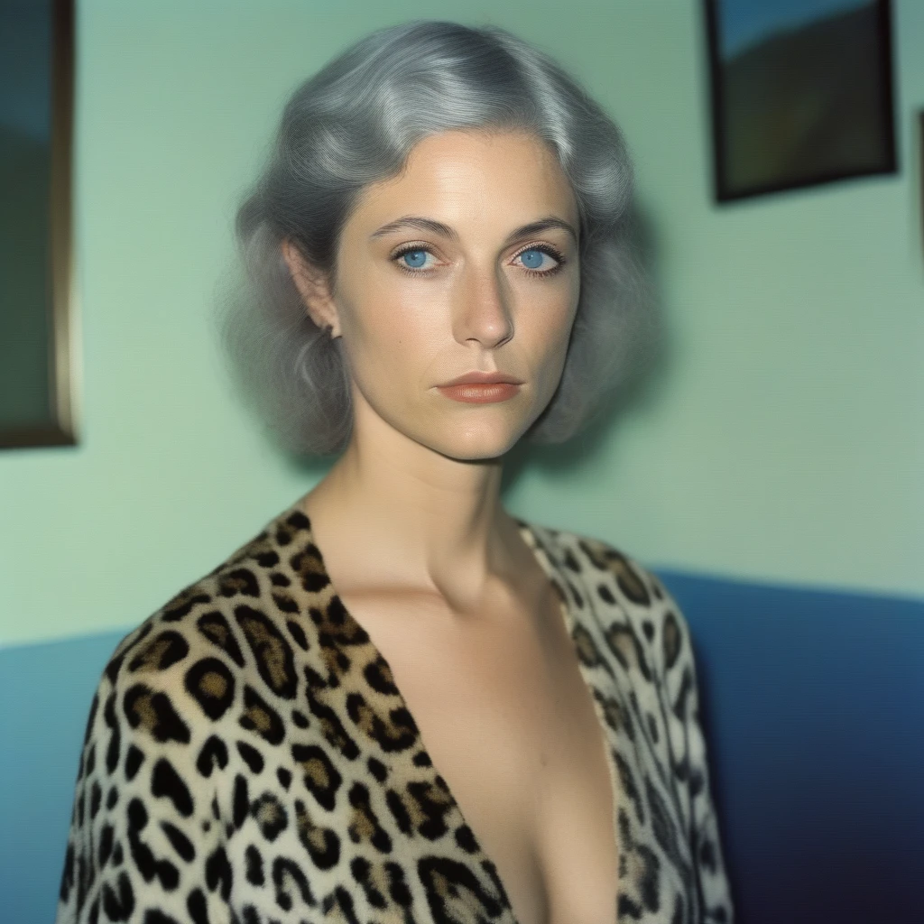 , (art by Larry Sultan:1.3) , (art by Vanessa Beecroft:1.0) , photograph, 3/4 view of a Homey (Girl:1.2) naked, Gray hair, Painterly Mullet hairstyle, leopard print Makeup, at Blue hour, split diopter, Sketched, film grain, Nikon d3300, Depth of field 100mm, Colorless,