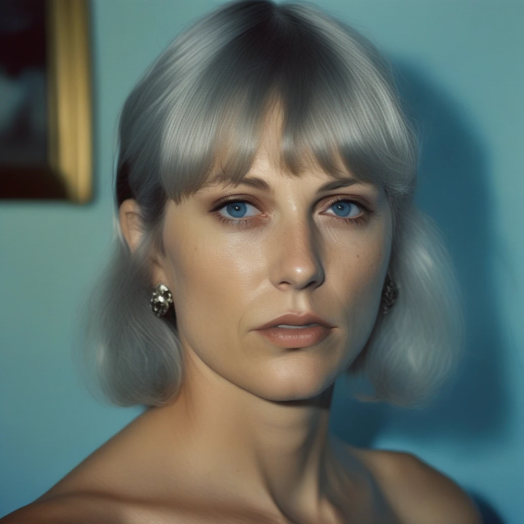 , (art by Larry Sultan:1.3) , (art by Vanessa Beecroft:1.0) , photograph, 3/4 view of a Homey (Girl:1.2) naked, Gray hair, Painterly Mullet hairstyle, leopard print Makeup, at Blue hour, split diopter, Sketched, film grain, Nikon d3300, Depth of field 100mm, Colorless,  
